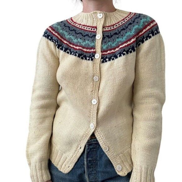 Vintage 1970s Womens Hand Knit 100% Wool Fair Isle Hippie Cardigan Sweater Sz M - Picture 3 of 7